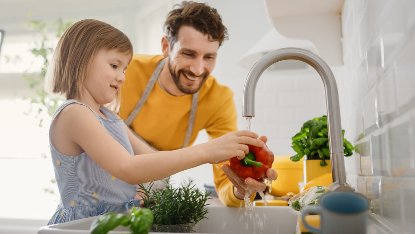 Dad Teaches Little Girl Importance of Washing Hands and Healthy Eating Habits