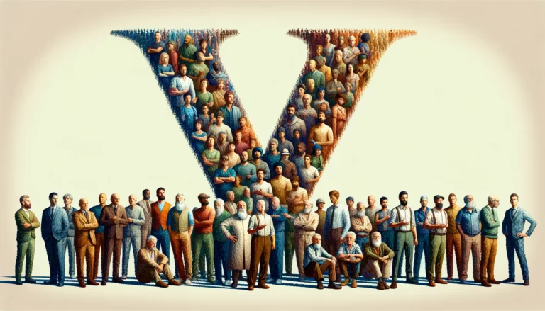 The letter V being portrayed by various men and boys of different ethnicities