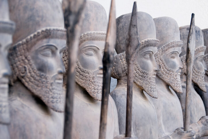 Lined up Persian warrior statues in Tehran, Iran.