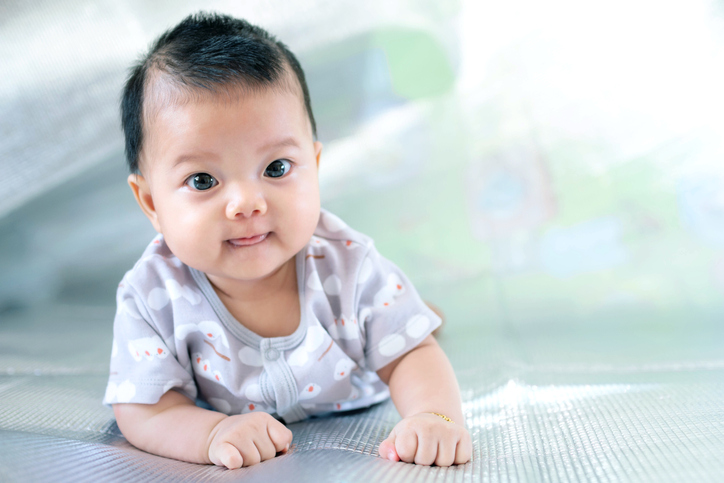 Southeast Asian new born is creeping on the floor. Newborn is wearing gray shirt. Baby is South East Asian. Kid is cute. Child is taking photo indoor. Infant is 4 months. - People, Health care concept