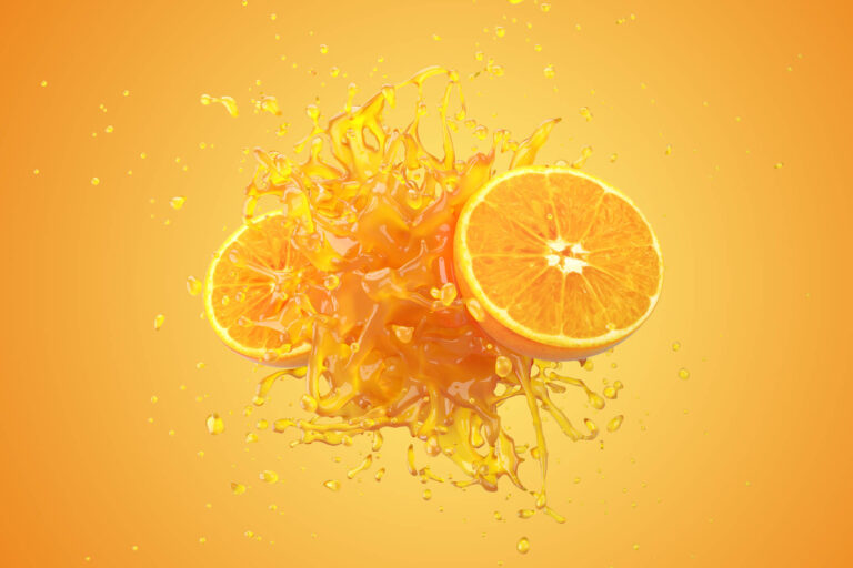 Explosion Orange juice liquid with Orange fruit on yellow background