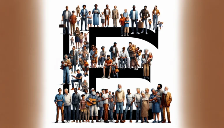 The letter E being portrayed by various men and boys of different ethnicities